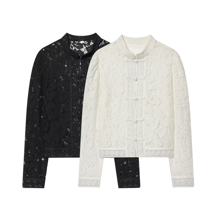 Damen Spitzenjacke mit Stehkragen und chinesischen Knotenverschlüssen Drune