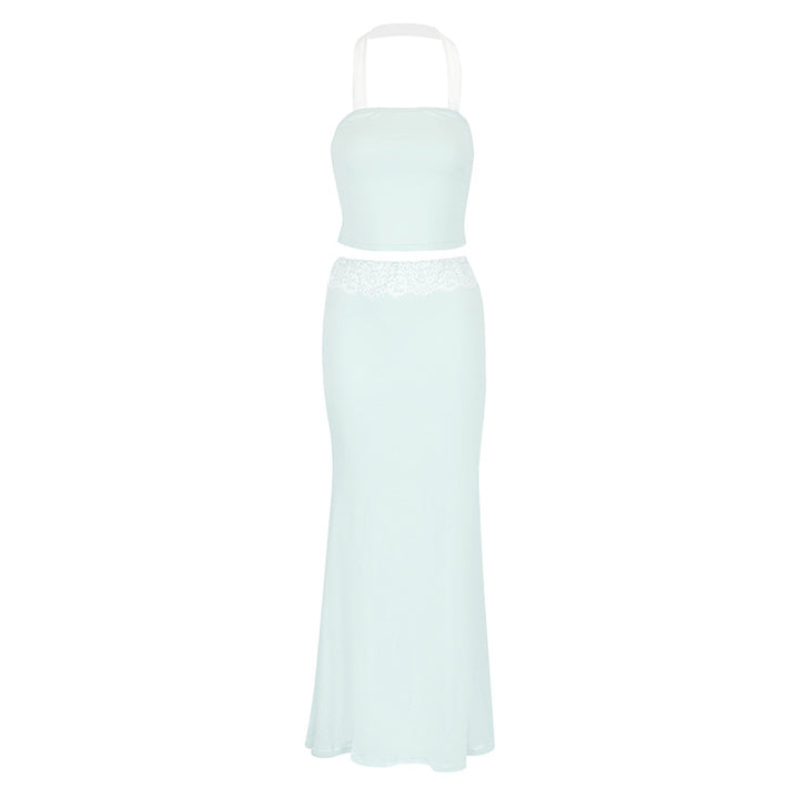 Damen Langärmliges Maxi-Kleid mit Spitzenakzenten und Trägerdetails Drune