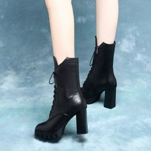 Damen Elegante Ankle Boots mit hohem Blockabsatz und Schnürung Drune