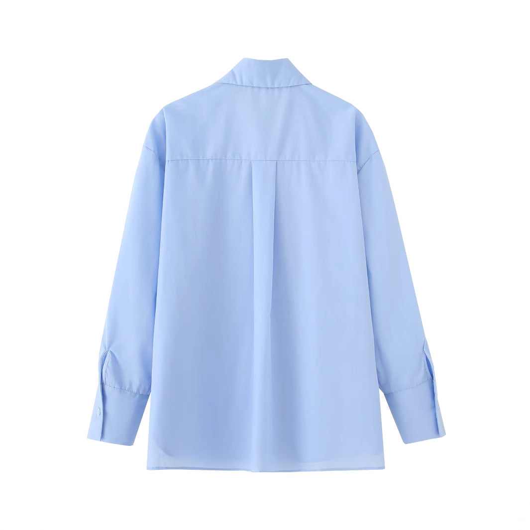 Damen nan oversized Hemdbluse mit Perlen- und Schmucksteindetail an verdeckter Knopfleiste, klassischem Kragen und gerundetem Saum Drune
