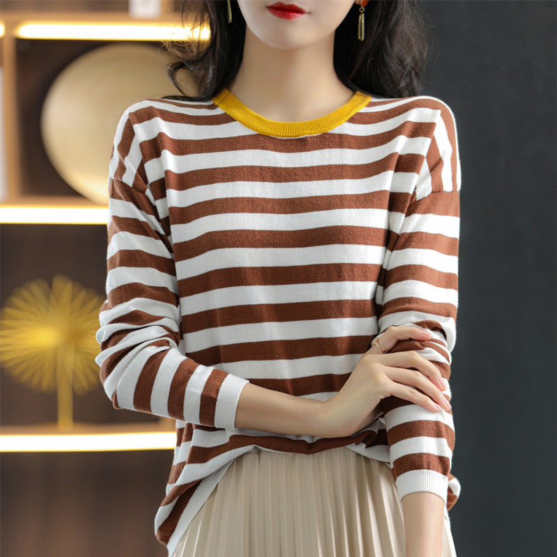 Damen Maritim-inspiriertes gestreiftes Feinstrick-Shirt mit weitem Boot-Ausschnitt und Kontrastkante Drune