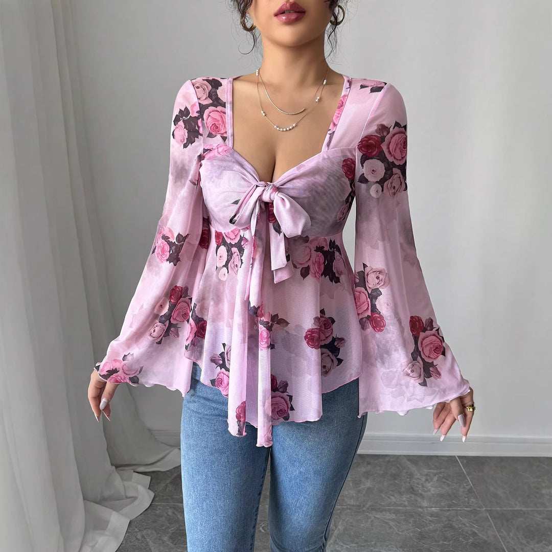 Damen Transparente Chiffon-Babydoll-Bluse mit Knotenfront und floralem Allover-Print Drune