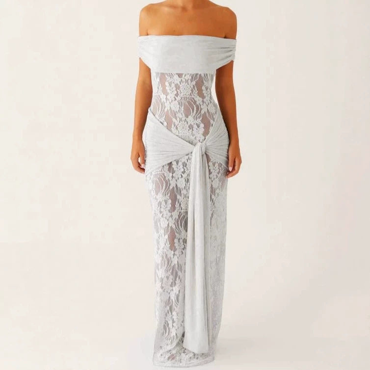 Damen Elegant drapiertes Spitzenkleid mit off-shoulder Design Drune