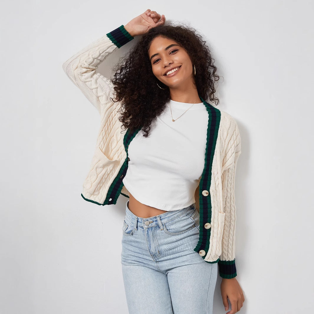 Damen Grobstrickcardigan mit dekorativer Knopfleiste und farblich abgestimmtem Saum Drune