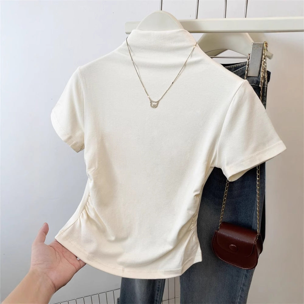Damen figurbetontes T-Shirt mit Stehkragen und raffiniertem Rüschendetail