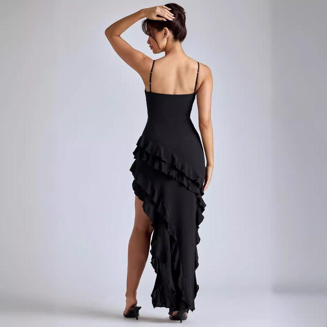 Damen Elegantes Maxikleid mit voluminösen Rüschendetails und sexy Schlitz Drune