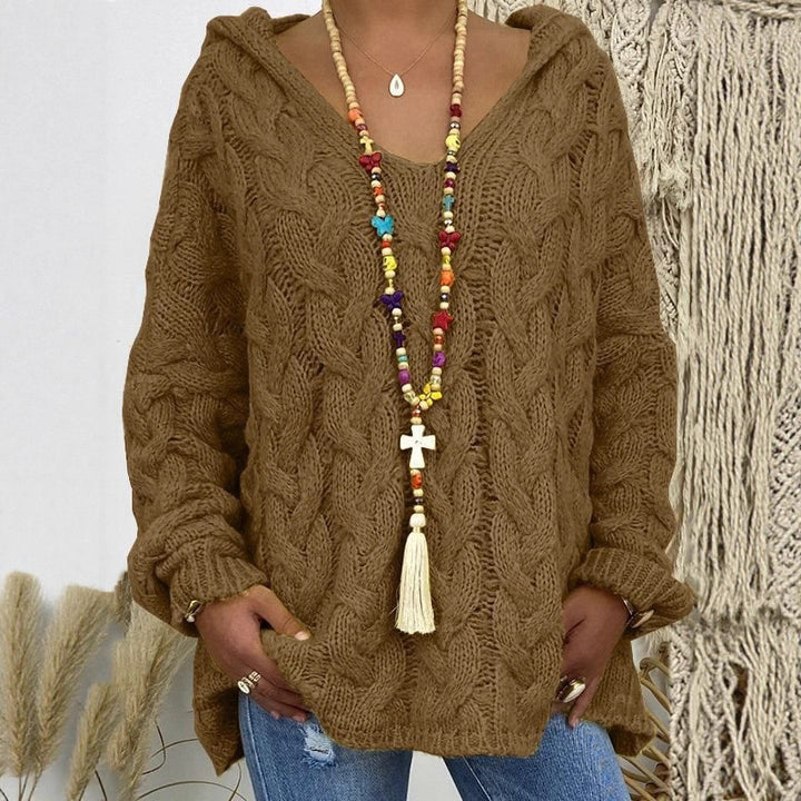 Damen Oversized Zopfmuster-Strickpullover mit Kapuze und lässigem V‑Ausschnitt Drune