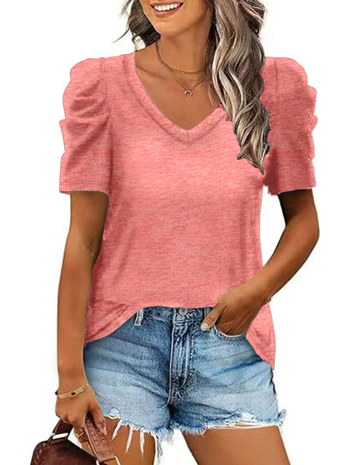 Damen trendiges V-Ausschnitt T-Shirt mit Puffärmeln Drune