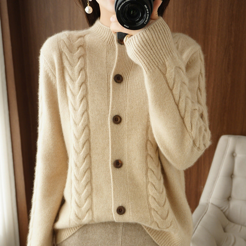 Damen kuschelige Strickjacke mit Zopfmuster und Knopfleiste Drune