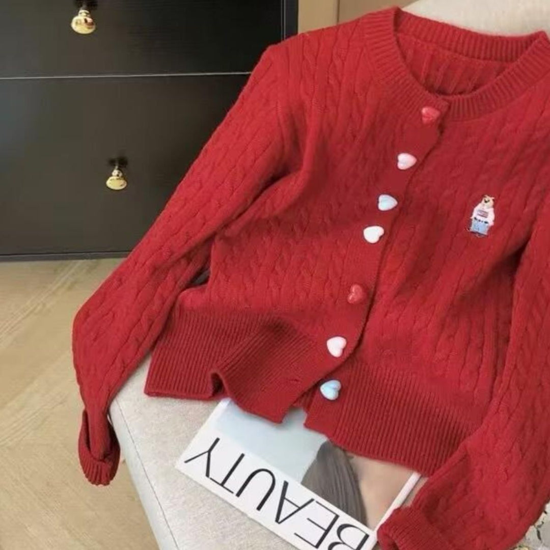 Damen modische Strickjacke mit Herzknöpfen und durchgehendem Muster Drune
