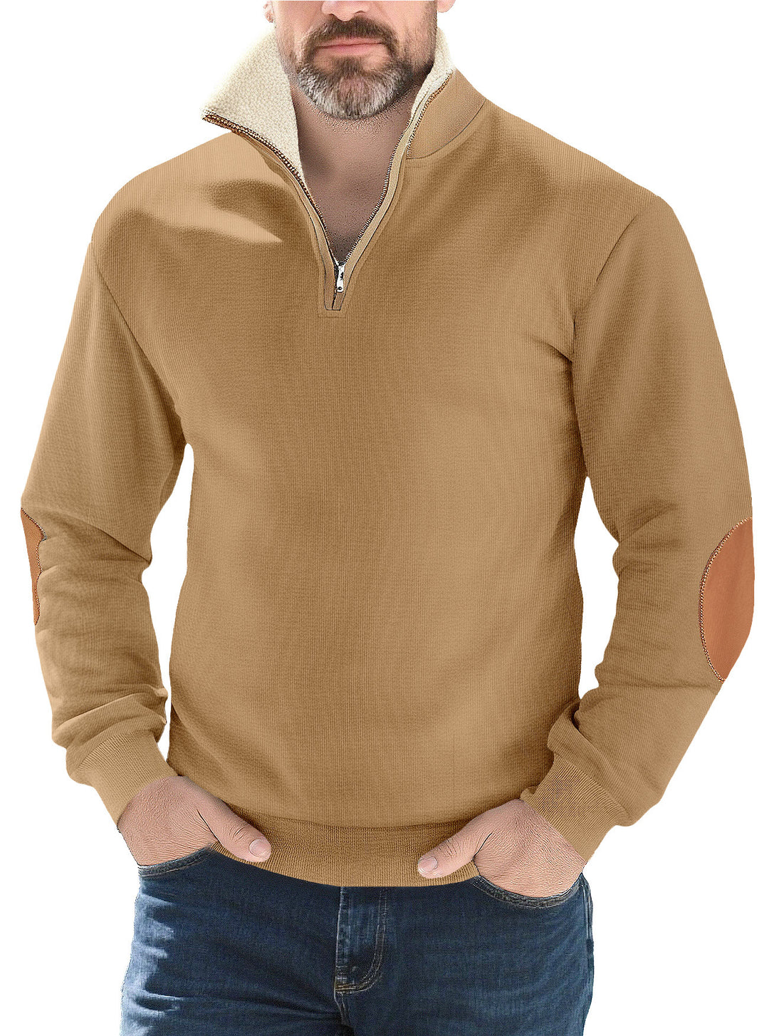 Herren nan Strukturstrick-Halbzipppullover mit wärmendem Sherpa-Kragen und Velours-Ellenbogenapplikation Drune