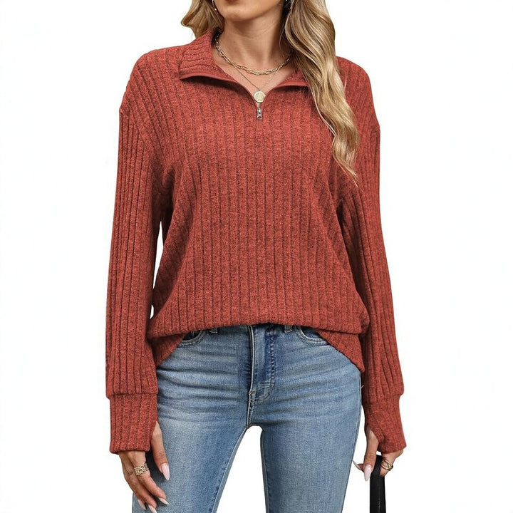 Damen Gerippter Halfzip-Pullover mit Stehkragen und Relaxed-Fit Drune