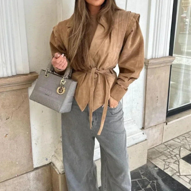 Damen Modische Wildlederjacke mit Taillengürtel Drune