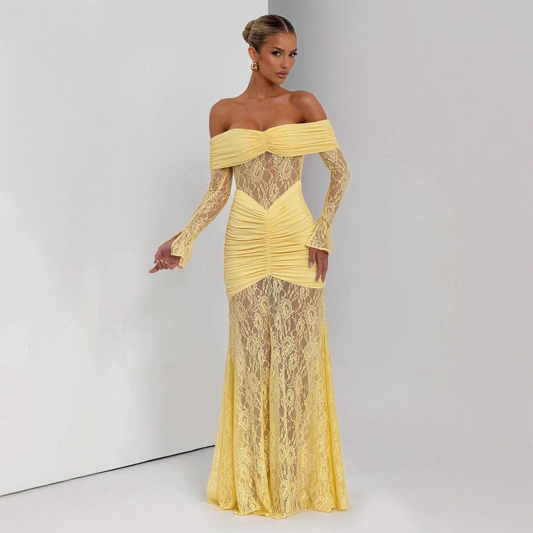 Damen elegantes Spitzenkleid mit Off-Shoulder-Ausschnitt und Raffungen Drune