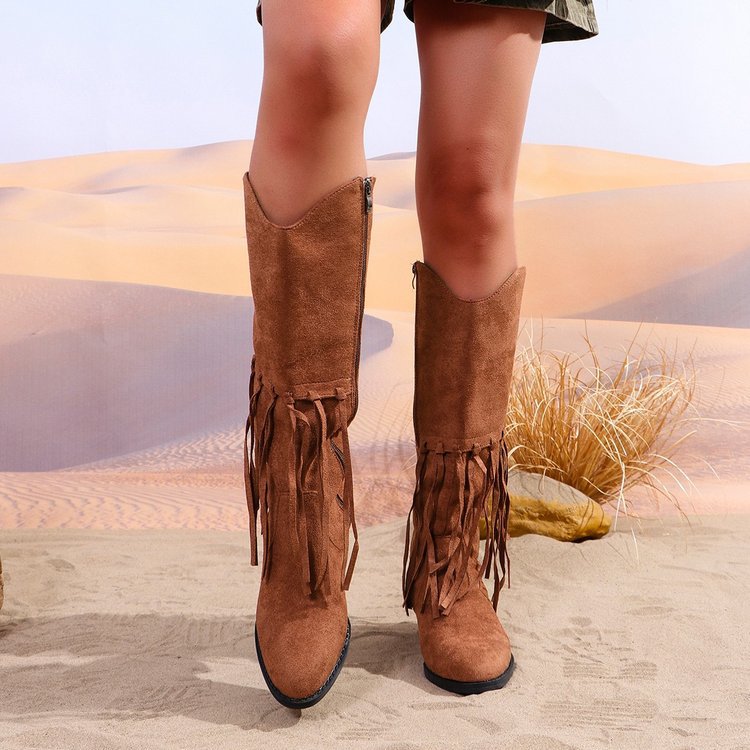 Damen Fransen-Cowboy-Stiefel aus Veloursleder mit spitzer Zehenkappe und seitlichem Reißverschluss Drune