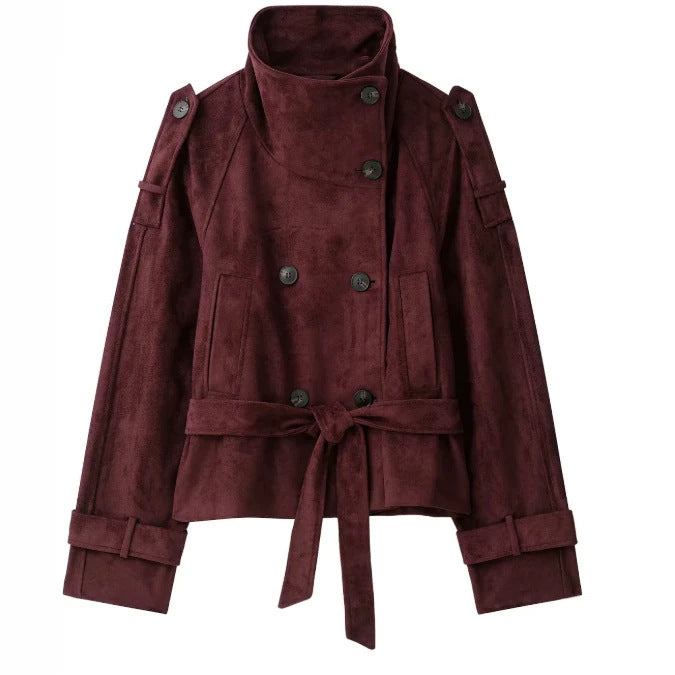 Damen Kurzjacke aus Wildlederimitat mit hohem Stehkragen und Bindegürtel Drune