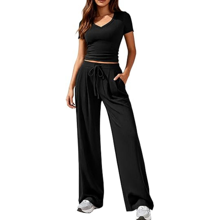 Damen Lässiges Lounge-Set mit tailliertem V-Ausschnitt bauchfreiem Top und weitem Kordelbund-Hose Drune