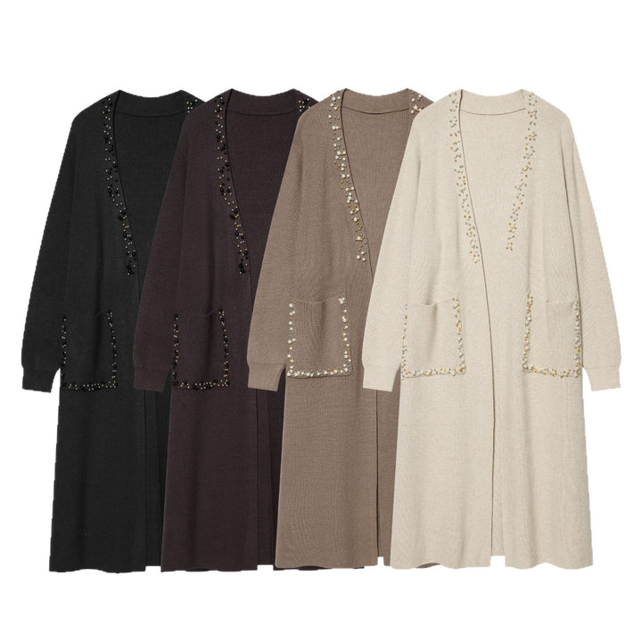 Damen langer Strickcardigan mit Perlenbesatz und aufgesetzten Taschen Drune