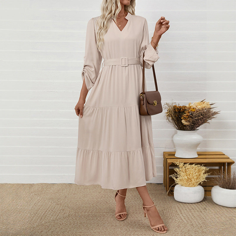 Damen Maxikleid mit V-Ausschnitt und tailliertem Gürtel Drune