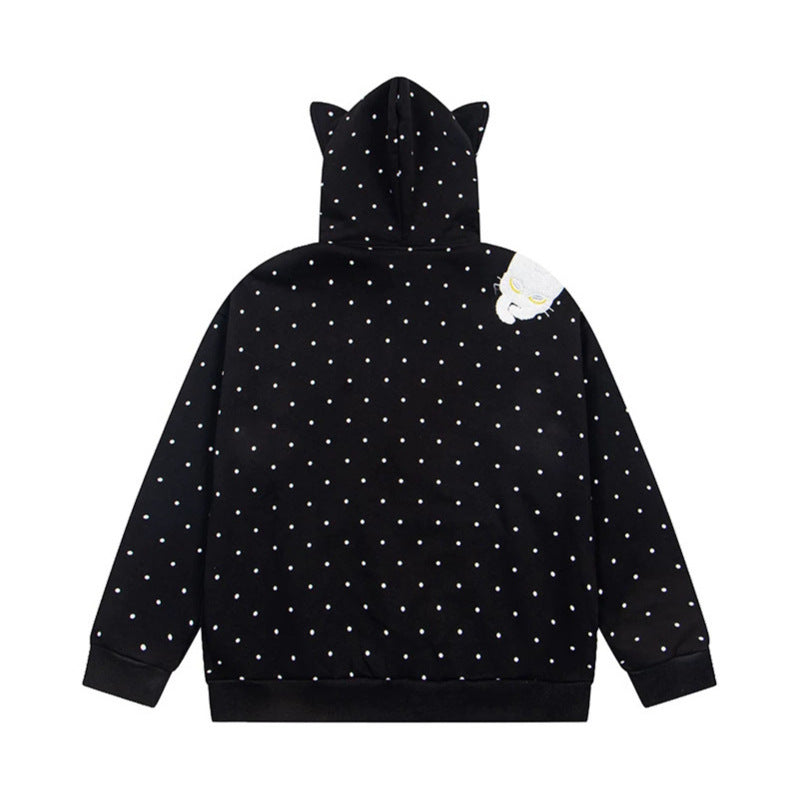 Damen Kapuzen‑Sweatjacke mit Katzenohren, Punktallover und Chenille‑Katzenapplikation Drune