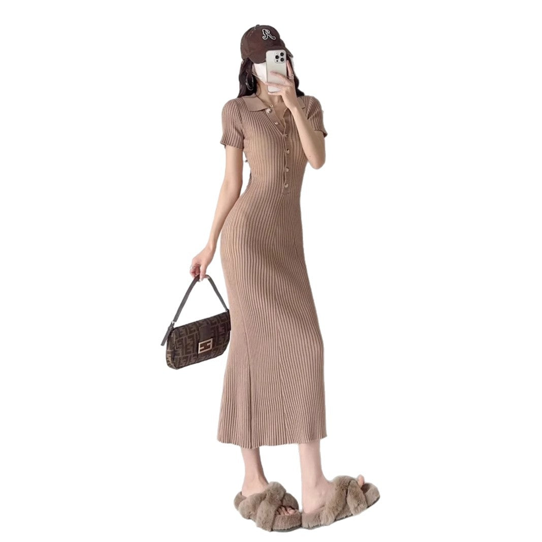 Damen figurbetontes Knielanges Strickkleid mit Polokragen und Knopfleiste Drune