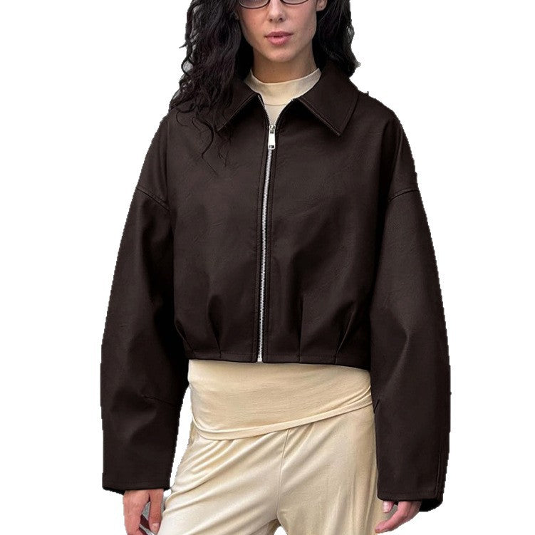 Damen modische cropped Lederjacke mit voluminösen Ärmeln Drune