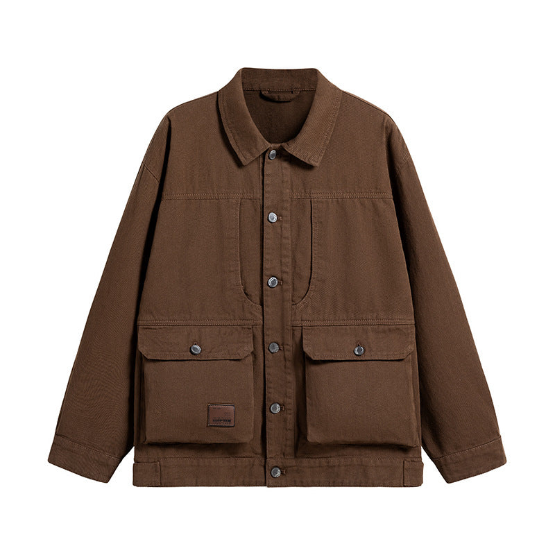 Herren Oversize Canvas-Utility-Jacke mit aufgesetzten Multifunktions-Taschen und Druckknopfleiste Drune