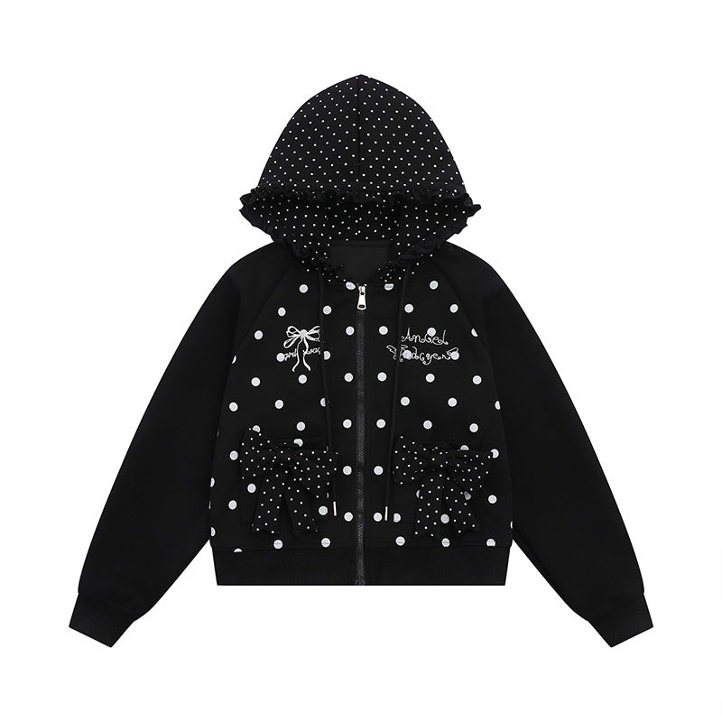 Damen Kapuzen‑Sweatjacke mit Rüschenkapuze, Polka‑Dot‑Muster und Zierschleifen Drune
