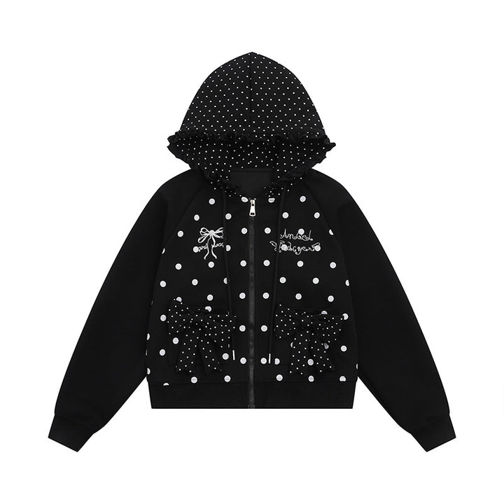 Damen Kapuzen‑Sweatjacke mit Rüschenkapuze, Polka‑Dot‑Muster und Zierschleifen Drune