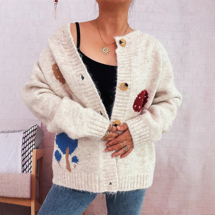 Damen Strickjacke mit buntem Pilzmotiv und Knopfdetails Drune