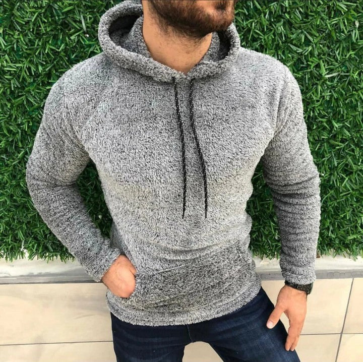 Herren nan Teddy-Plüsch Kapuzenpullover mit schmaler Passform und Kängurutasche Drune