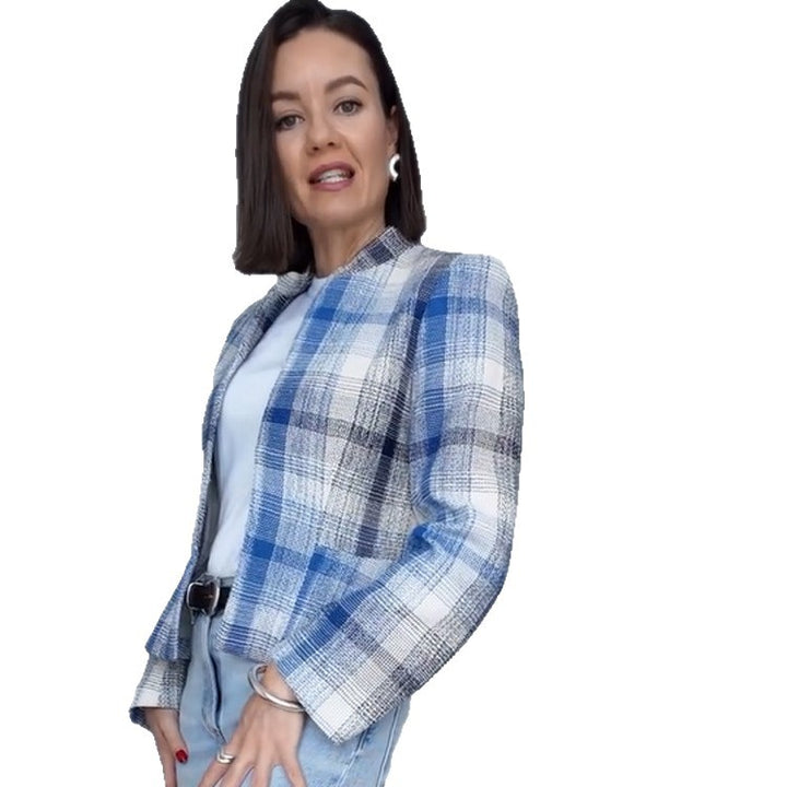 Damen Kastenförmiger karierter Kurzblazer mit Stehkragen und strukturierter Schulterpartie Drune