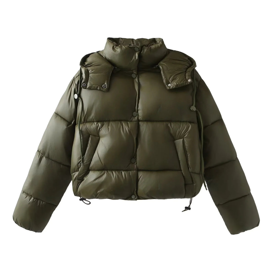 Damen nan oversized wattierte Kurzjacke mit abnehmbarer Kapuze, hohem Stehkragen und Tunnelzugsaum Drune