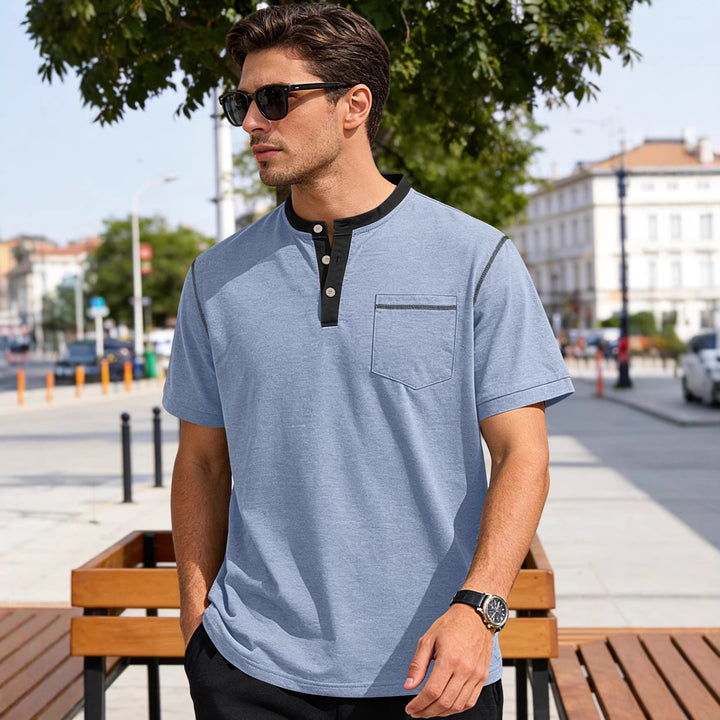 Herren nan legeres Kurzarm-Bandkragenshirt mit Knopfleiste Brusttasche und Flatlocknähten Drune