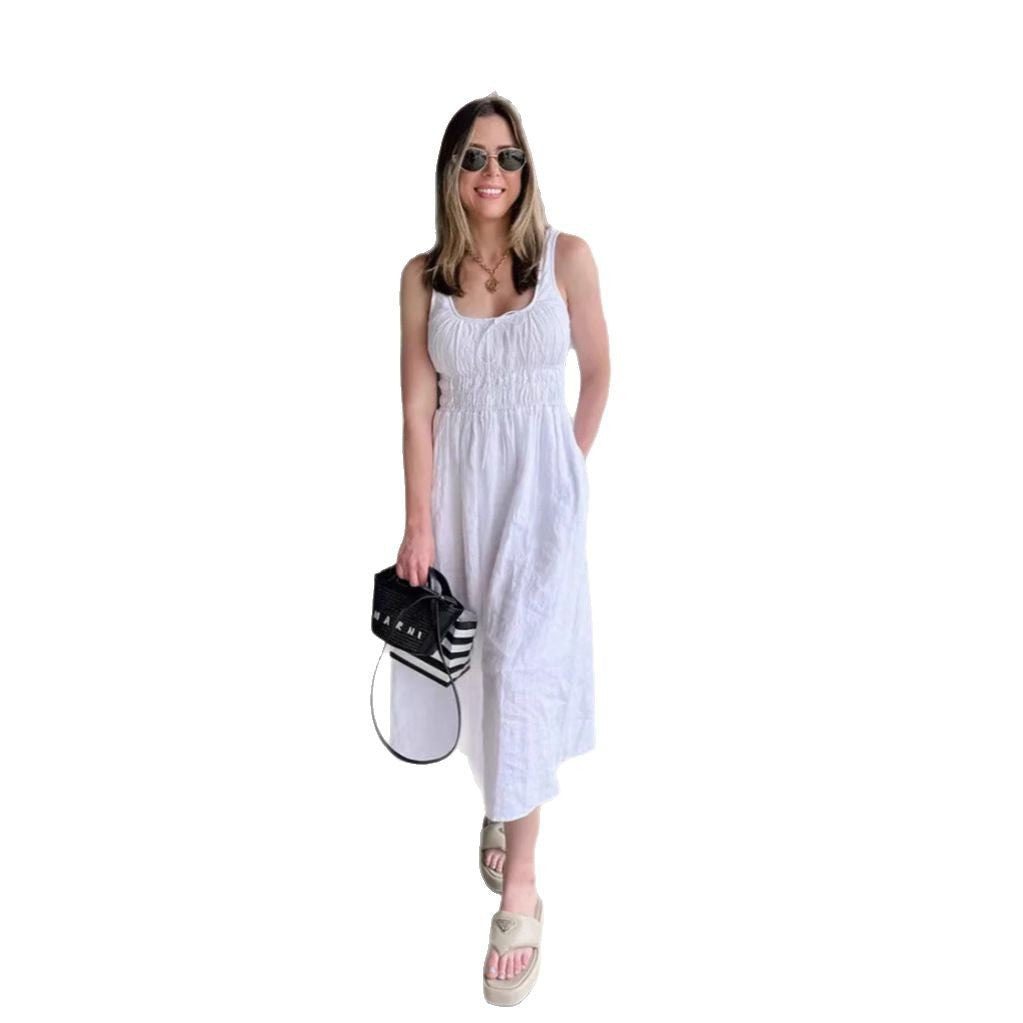 Damen nan midilanges Leinenoptik-Kleid mit Smokoberteil, elastischer Taillenpasse und breiten Trägern Drune