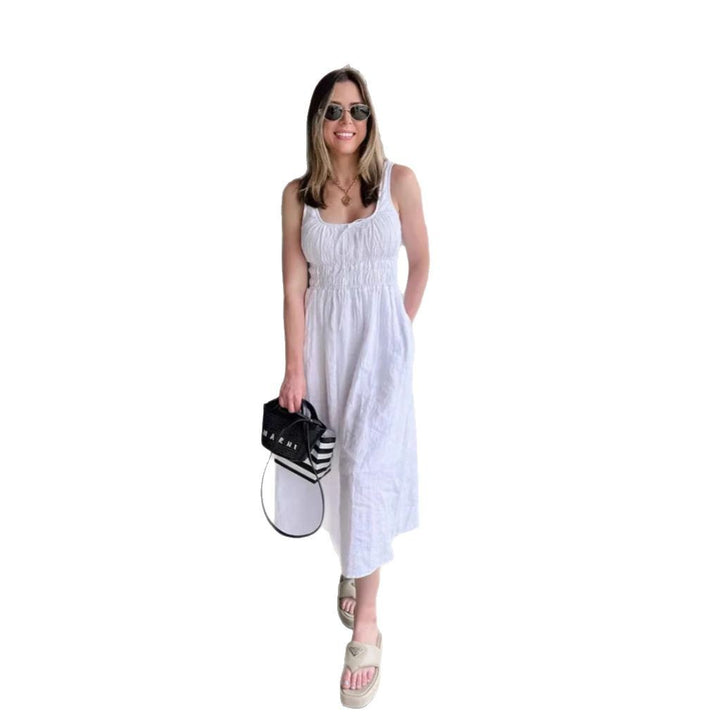 Damen nan midilanges Leinenoptik-Kleid mit Smokoberteil, elastischer Taillenpasse und breiten Trägern Drune
