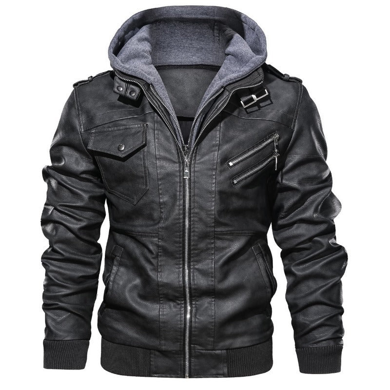 Herren stylische Kunstlederjacke mit Kapuze Drune