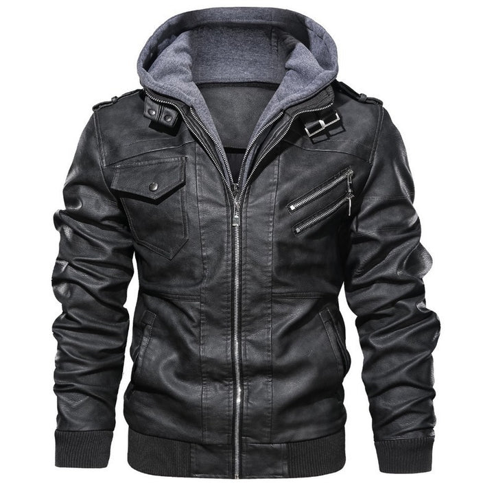 Herren stylische Kunstlederjacke mit Kapuze Drune