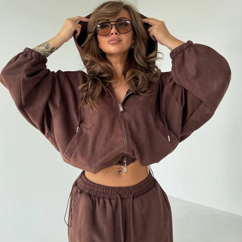 Damen Velours-Cropped-Kapuzenjacke mit Ballonärmeln und weiter Palazzo-Sweathose Drune