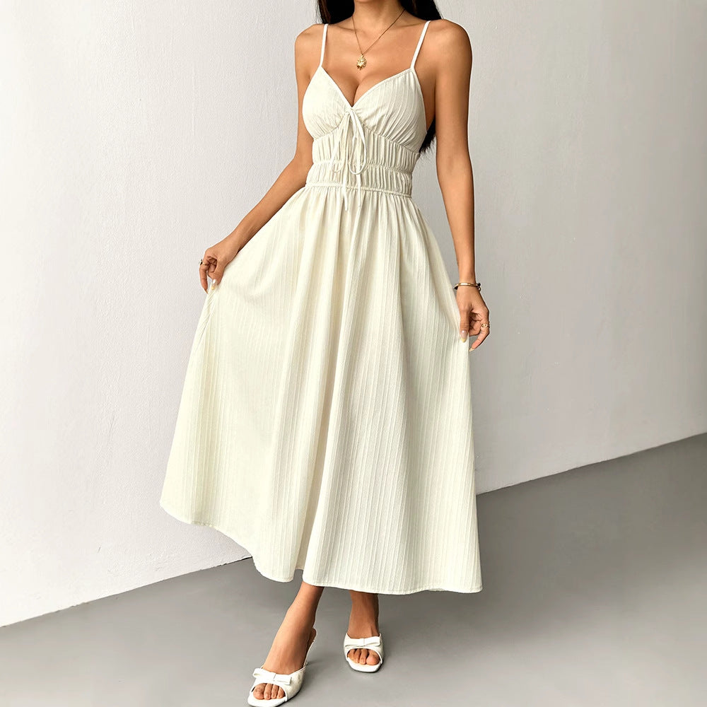 Damen Maxikleid mit verstellbaren Spaghettiträgern und elastischem Taillenbund Drune