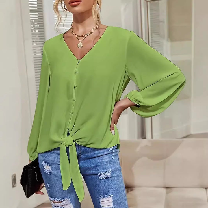 Damen elegante Bluse mit Knoten-Detail und V-Ausschnitt Drune