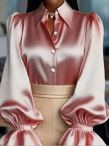 Damen elegante Seidenbluse mit Puffärmeln und schicker Knopfleiste Drune