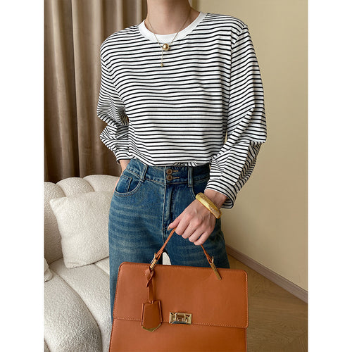 Damen lässiges gestreiftes Langarmshirt mit Rundhalsausschnitt und bequemer Passform Drune
