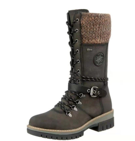 Damen nan knöchel- bis wadenhohe Schnürstiefel mit gestrickter Manschette, wasserdichter Membran, dekorativer Schnallenlasche und robuster Profilsohle Drune