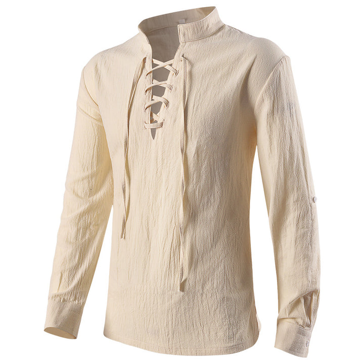 Herren nan lässiges Kurzarmshirt mit geschnürter V-Kehle, kurzem Stehkragen und weichem Baumwollmix Drune