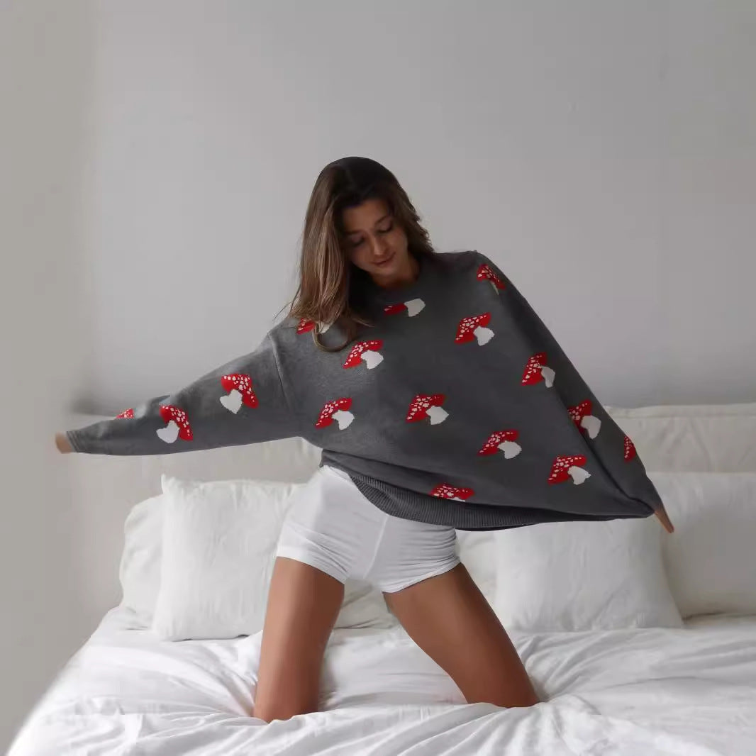 Damen weiter Strickpullover mit Pilzmotiv Rundhals Rippbündchen Drune