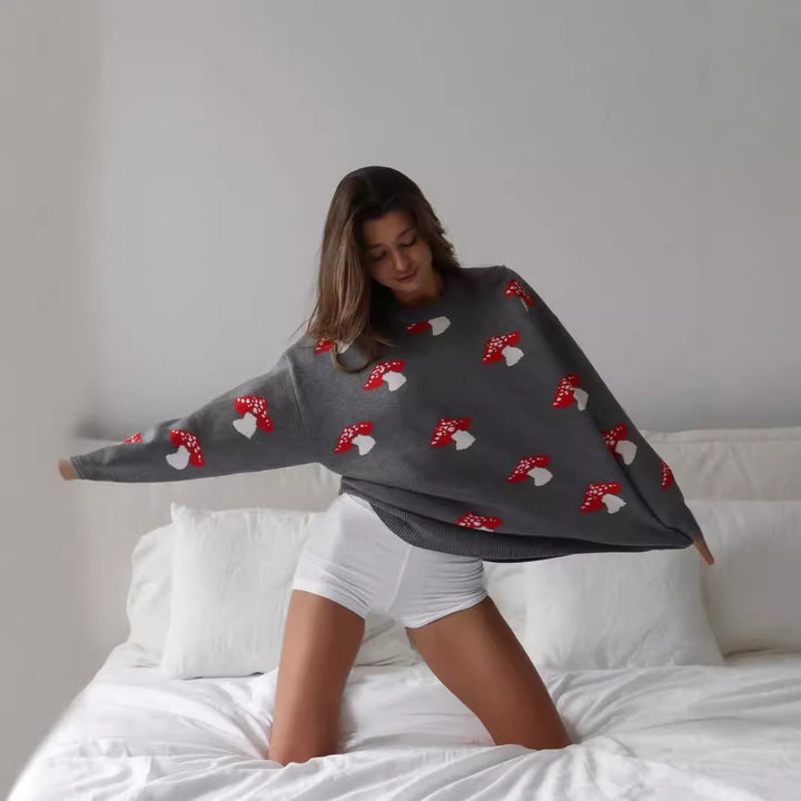 Damen weiter Strickpullover mit Pilzmotiv Rundhals Rippbündchen Drune