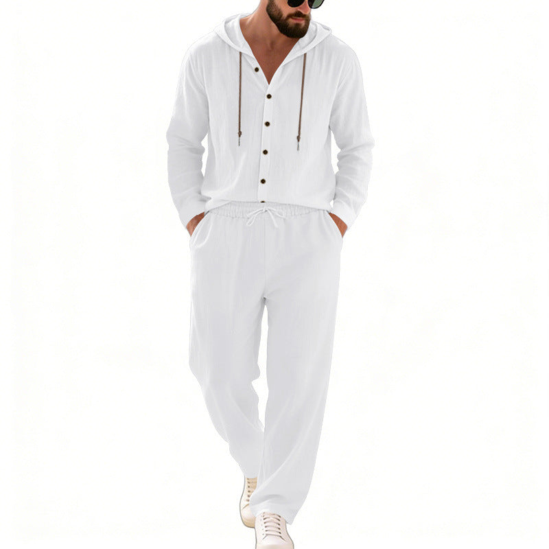 Herren nan legeres Kapuzen-Lounge-Set mit Knopfleiste, Kordelbundhose und seitlichen Eingrifftaschen Drune