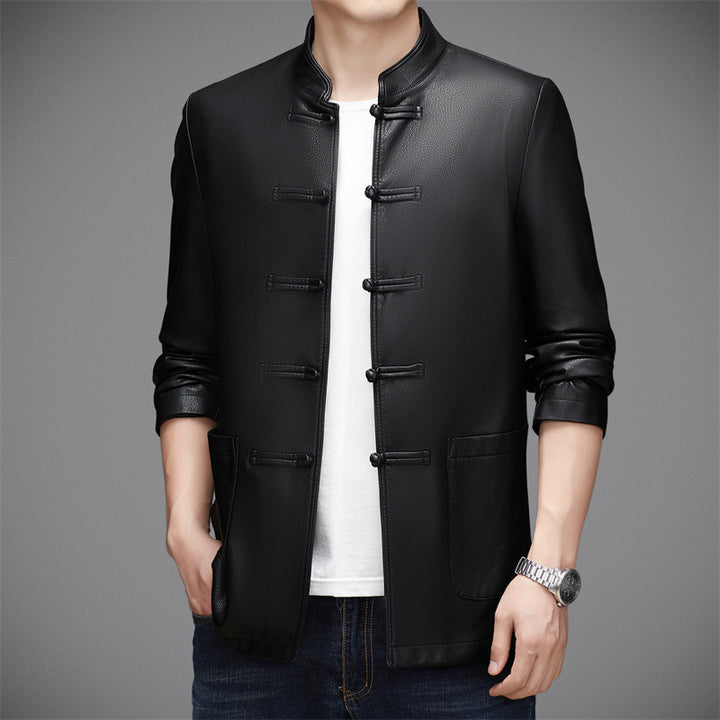 Herren Lederjacke mit asiatischem Stehkragen und praktischen Taschen Drune