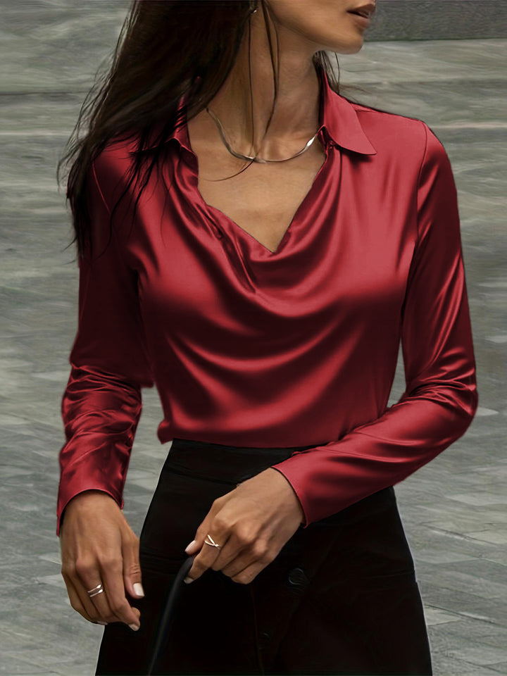 Damen Satinbluse mit Wasserfallkragen und Hemdkragen Drune